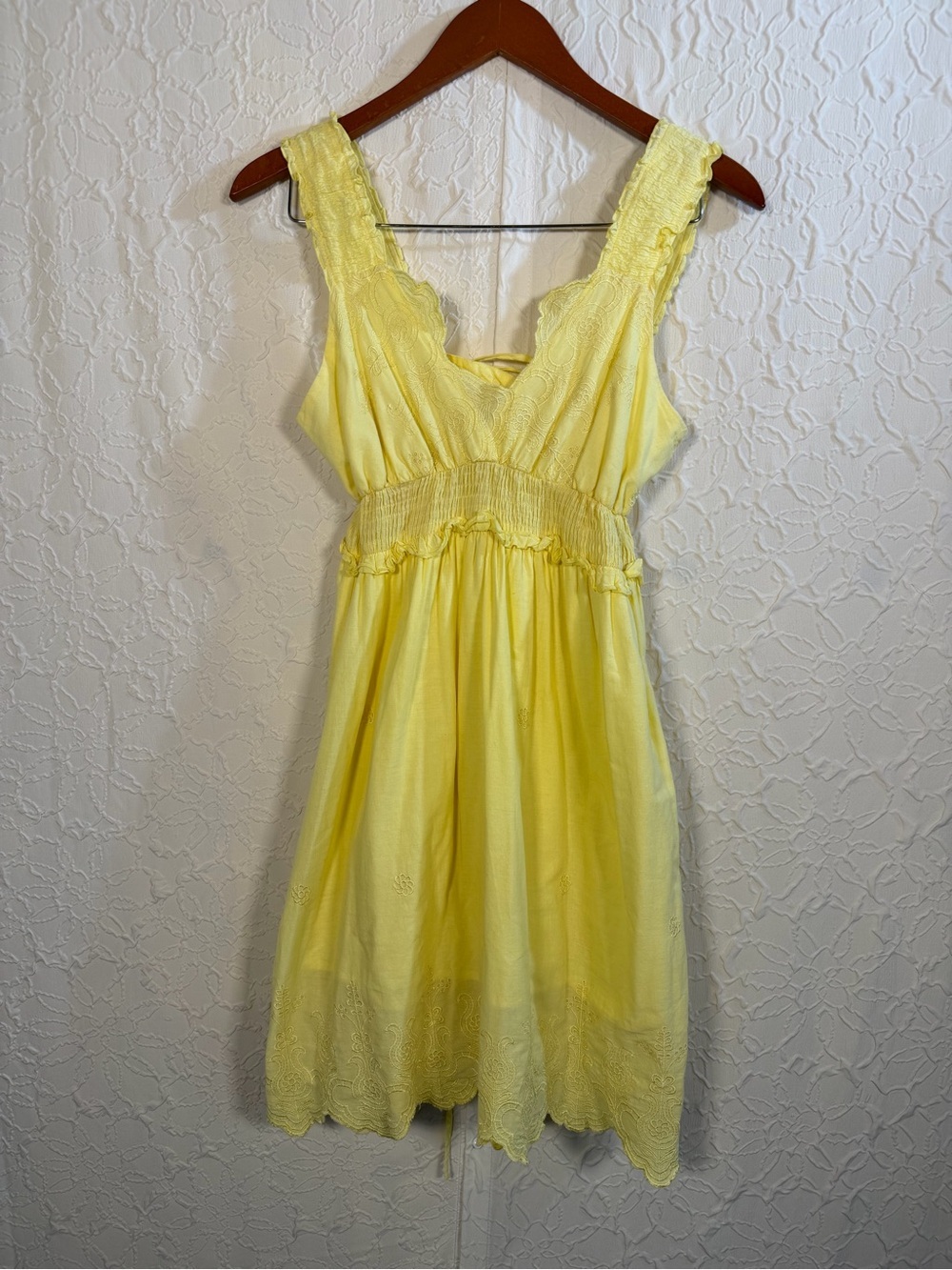 Papaya Yellow Embroidered Corset Back Cotton Mini Dress Sz M